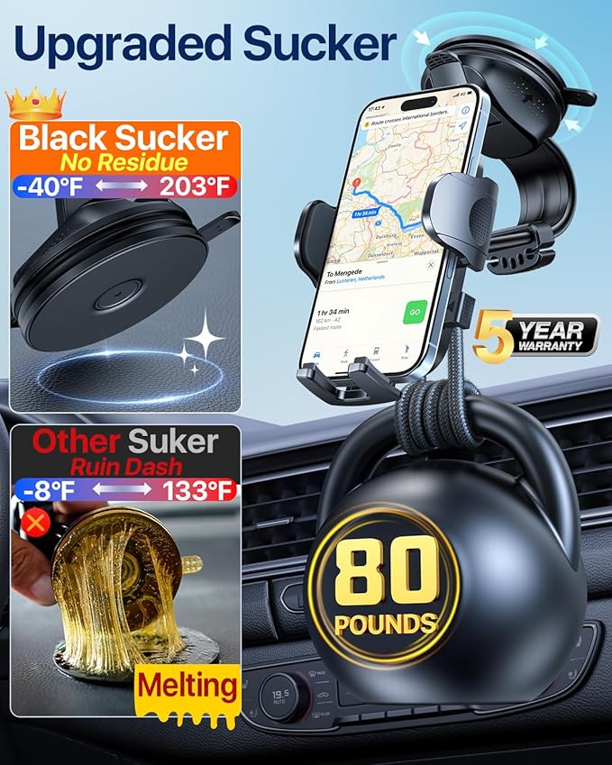 HTU Upgraded Strongest Suction Car Phone Holder Bendable Arm, Never Block View Rotatable Cellphone Mount for Dashboard Windshield Vent, Cradle Stand for iPhone 16 15 14 13 12 Pro Max (Red)