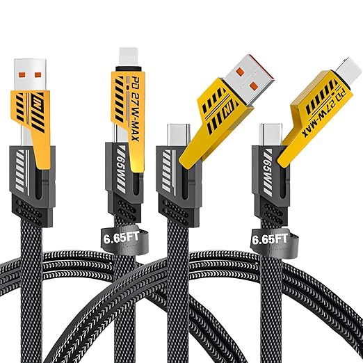 2Pack 4 in 1 Fast Charging Cable, Transferring Data, 6.65 Ft, Braided Cable 65W, USB C USB A and IP, Multiple Charging Cable for Phone/Pad/More