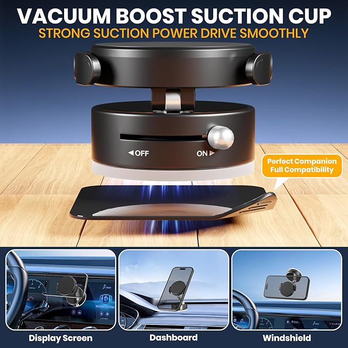 Upgraded 360° Adjustable Vacuum Magnetic Phone Holder, Vacuum Suction Magnetic Phone Mount with Clamp Foldable Phone Holder for Car/Gym/Mirror/Smooth Surface, Suitable with All Smartphones (Black)