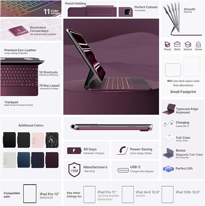 typecase Keyboard Case for iPad Pro 13-inch (M4) 2024,Magic Keyboard with 11 Colors Backlight for iPad Pro 13,Keyboard Case with Pencil Holder,Multi-Touch Trackpad,Easy-Set Magnetic Stand(Raspberry)