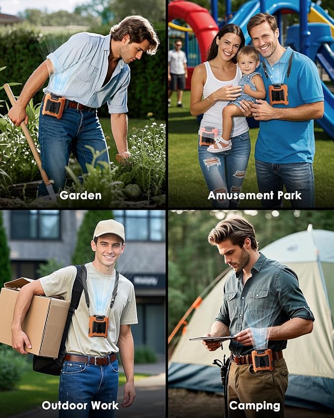 Portable Waist Fan Clip on, Personal Wearable Belt Fan 10000mAh Rechargeable Battery Under Shirt,5 Speeds with light, Neck Fan Hands-Free Cooling For Outdoor Camping Travel (Orange)