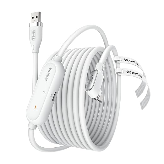 AMVR 16FT(5M) Charging Link Cable Accessories Compatible with Meta Quest 3/3S/Pico 4 - Data Line with Separate Fast Charging Port, High-Speed Max 5Mbps Transfer to PCVR/SteamVR, Play While Charger