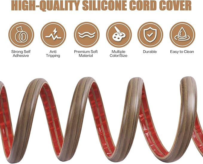 Floor Cord Cover Self Adhesive Cord Hider,10FT Cable Management, Extension Strip Protector for Wires, Prevent Cable Trips for Offices, Gyms, Exhibitions Cavity:0.51"(W) x0.3(H) Woodsmokedbrown