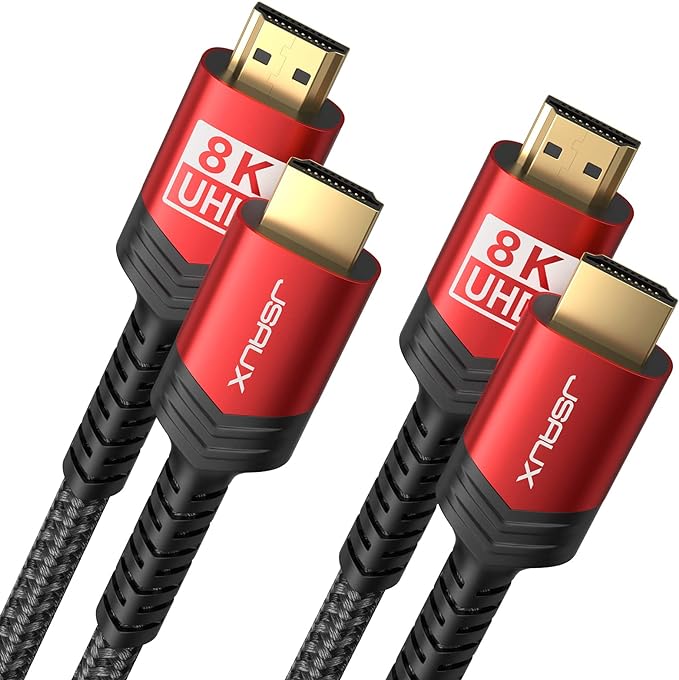 JSAUX 8K HDMI Cable 2 Pack 10ft, 48Gbps High Speed HDMI 2.1 Braided HDMI Cord, 4K 120Hz 144Hz, 8K 60Hz, Dynamic HDR, DTS:X, 2K, 1080P, 3D, eARC Compatible with Laptop, TV Gaming Monitor PS5 PS4 -Red