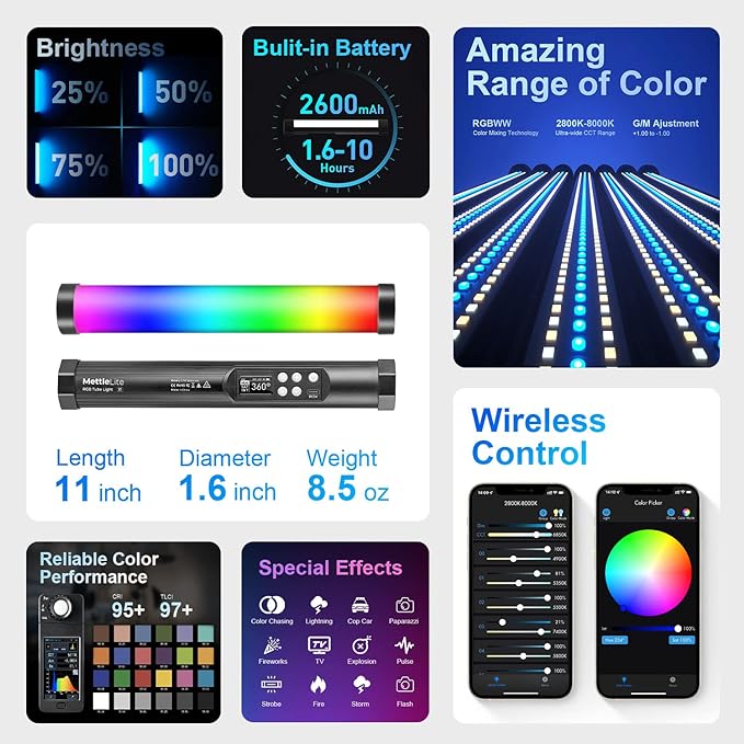 Mettlelite TLX1 RGB Tube Light LED Full Color Portable Video Light with APP Control 2800K-8000K CRI96 TLCI97 360° RGB CCT HSI Mode 10 Customizable Light Effects Rechargeable Battery Magnet Design