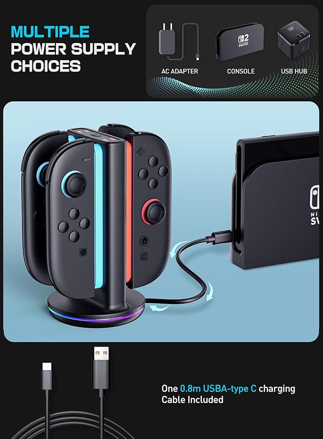 SUPCASE Charging Dock for Nintendo Switch 2 Joy Con, [Supports Dual-Side Charging] [9 Light Modes] Magnetic Controller Fast Charger Stand Station Compatible with Switch 2 Joy Con Accessories, Black
