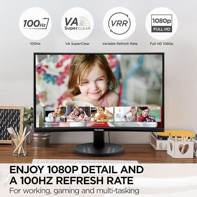 ViewSonic VA2416C 24 Inch Full HD 1080p Frameless Curved Monitor with Variable Refresh Rate, Eye Care, HDMI, and DisplayPort Inputs for Home and Office