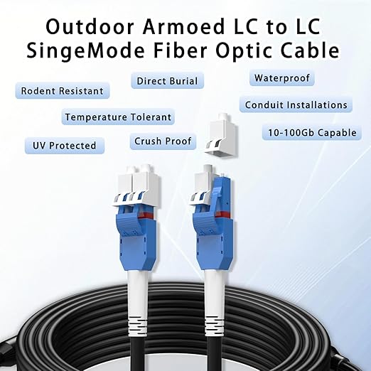400M/1312FT LC to LC Armored Outdoor Fiber Optic Cable, Single Mode Duplex 9/125μm SMF Fiber Patch Cord, OS1/OS2 Compatible, Black LSZH Jacket, Uniboot Jumper for FTTH, Data Center, Long-Distance Use