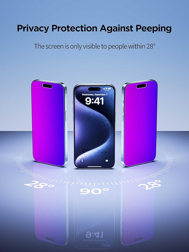 Compatible for iPhone 16 Privacy Screen Protector Tempered Glass 6.1 Inch, Purple Gradient Anti Spy Anti Blue Light HD Easy Installation