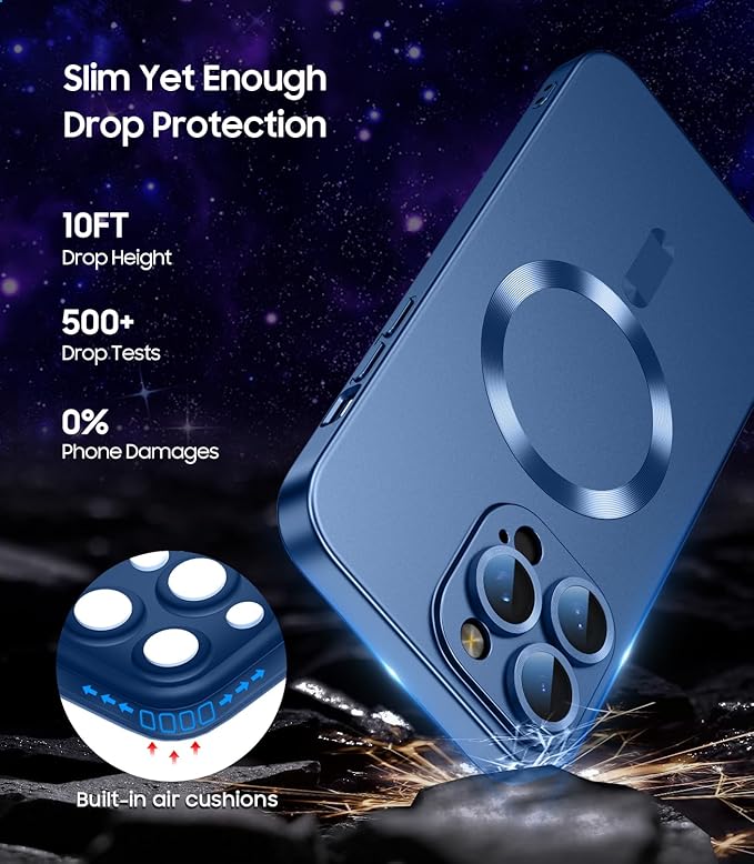 Magnetic for iPhone 15 Pro Case [Compatible with MagSafe][Built-in Camera Lens Protector] Slim Soft Silicone Bumper Shockproof Metallic Shine Phone Case (Blue)