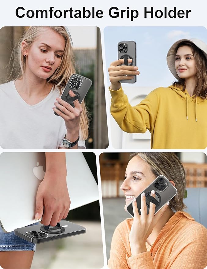 EWA MagOne Lite 3rd Gen Cell Phone Ring Holder, with Replaceable 360° Rotation Elastic Finger Strap, Phone Grip Compatible with iPhone MagSafe,15,14,13 Pro/Max/Plus-(Black)