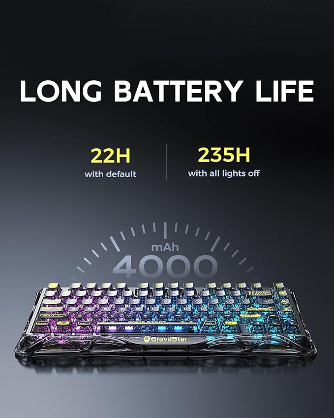 GravaStar Mercury K1 Lite 75% Gaming Keyboard, 2.4GHz/BT/Wired Tri-Mode Wireless Keyboard, Gasket Hot Swappable Mechanical Keyboard, Pre-lubed Linear Switches, RGB Backlit - Transparent Black