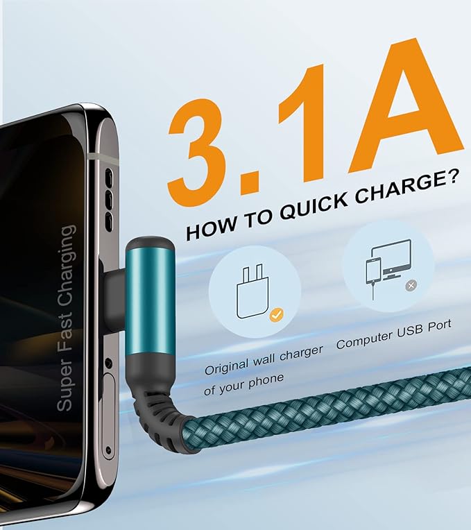 sweguard USB Type C Charger Cable Right Angle [2-Pack,10FT] iPhone 16 Charger Nylon Braided Cord for iPhone 15 16 Pro Max Samsung Galaxy S25 S24 S23 S22 S21 S20 S10 S9 Note A15 A55 Flip Pixel LG Moto
