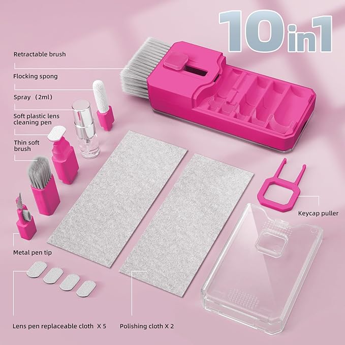 Ordilend Keyboard Cleaner Laptop Cleaning Kit, Car Accessories for Women Interior, Desk Accessories Office Supplies for Women, Patented Camera Cleaning Kits, HotPink