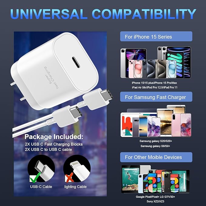30W Phone 16 15 Charger Fast Charging,USB-C Wall Fast Charger Block Adapter with 6.6Ft USB C to C Fast Charging Cable Cord for Phone 16 15 Pro/16 15 Pro Max/15 Plus,Pro 12.9,Samsung Galaxy S24 Ultra