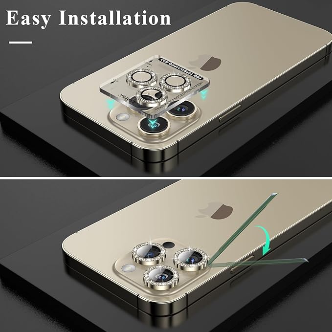 YWXTW Designed for iPhone 14 Pro/iPhone 14 Pro Max Camera Lens Protector Bling, [New Glitter Design] Individual Metal Tempered Glass Camera Cover Accessories Case Friendly, 1 Set (Gold Glitter)