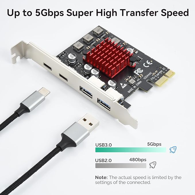 ELUTENG 4 Ports USB 3.1 PCIE Expansion Card (2 USB-A & 2 Type-C Ports) Superspeed PCI Express Expansion Card USB Card for Desktop PC Support Windows 11/10/8/7/XP/Vista, Self-Powered Supply