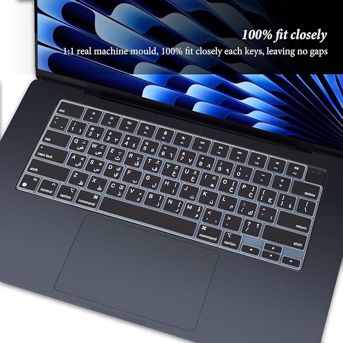 Arabic Keyboard Cover Skin Compatible with Apple 2025 2024 2023 2022 MacBook Air Laptop with M4 M3 M2 chip 15.3 inch A3241 A3114 A2941/MacBook Air 13.6 inch A2681 A3113 A3240 Keyboard Protector-Black