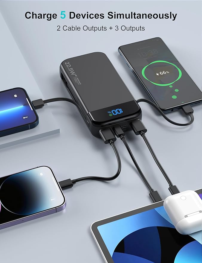 Portable Charger Power Bank 32000mAh with Built in Cables, PD3.0 USB C Fast Phone Charger, 5 Outputs LCD Display Travel Battery Pack Compatible with iPhone, Samsung All Cell Phones (Black)