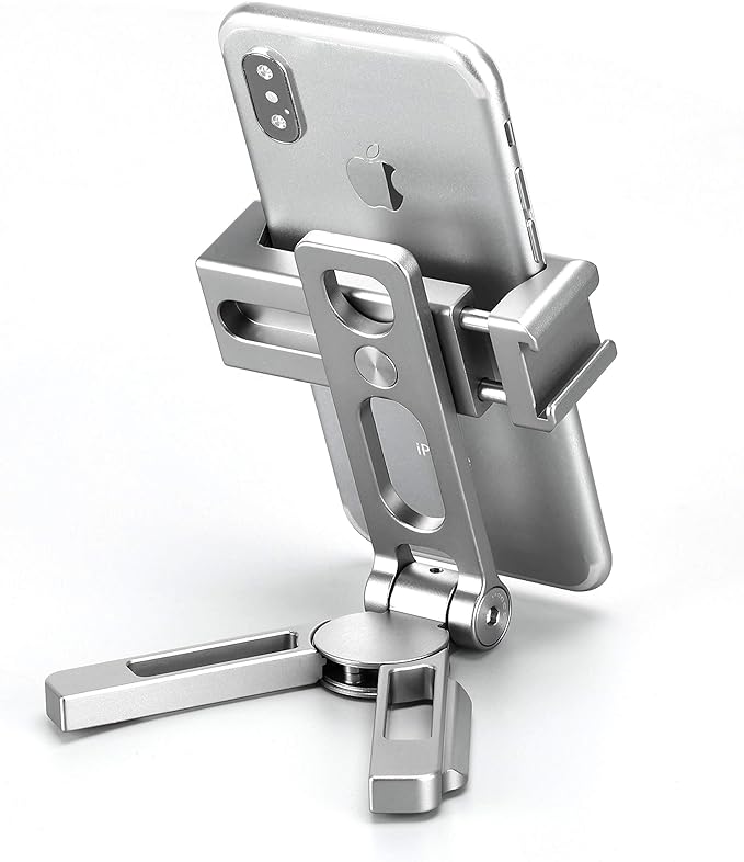 LEOFOTO PS-2 Phone Holder, Cell Phone Stand, Adjustable Angle, Compact and Portable, 1/4" Screw Thread, Arca Compatible (Silver)