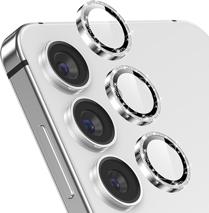 YWXTW Camera Lens Protector for Samsung Galaxy S24 / S23 / S23 Plus, [NOT for S24 Plus] 9H Tempered Glass Metal Individual Ring Camera Screen Protector for S24 Accessories (Silver Glitter)