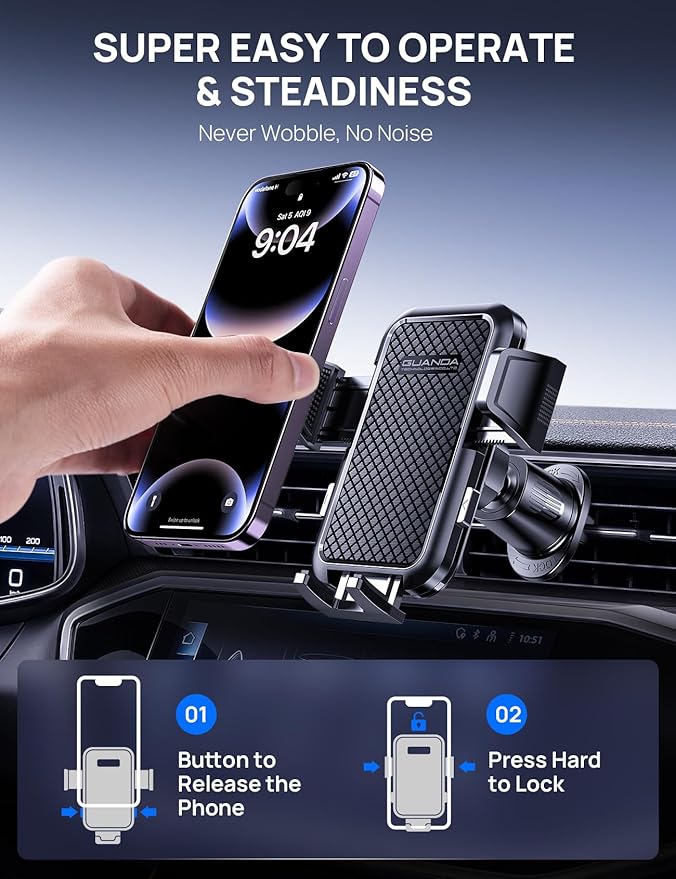 Car Phone Holder Mount for Air Vent, [Never Shake Hook Clip] 360° Adjustable Vent Clip, Compatible with Big Phones,Thick Cases, Phone Holders for Your Car–Fits iPhone, Samsung and Android