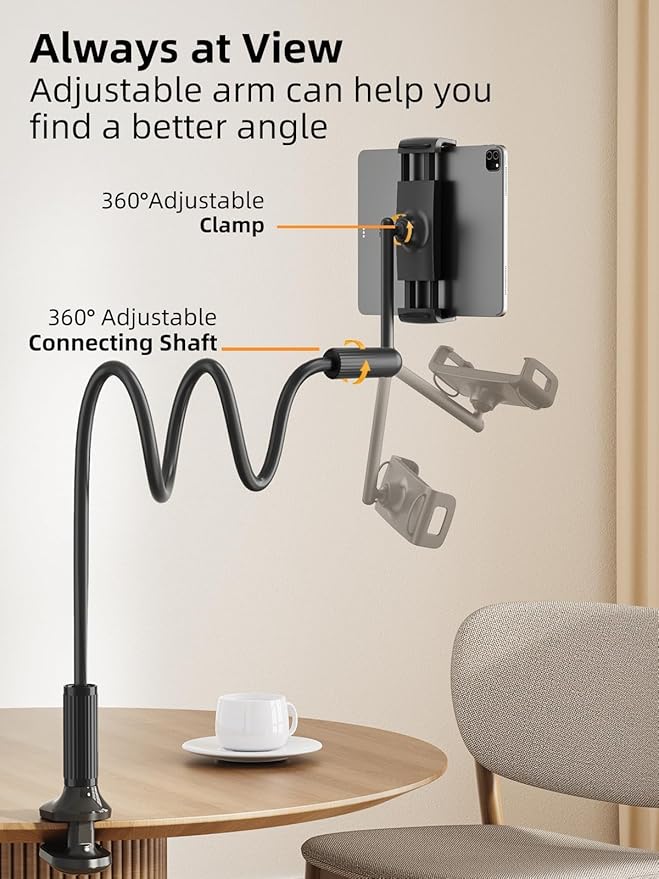 SAIJI 47" Gooseneck Kindle Holder, Tablet Holder for Bed with Upgraded Base, iPad Stand with Flexible Lazy Arm, Compatible with iPad/iPhone/Kindle/Switch or Other 4.7-13" Device (Black)