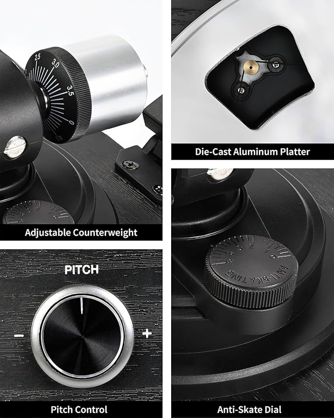 Turntable Vinyl Record Player Support Bluetooth Output Phono/Line Switch Pitch Control with Pre-Installed Counterweight & Magnetic Cartridge, Belt Drive 2 Speed