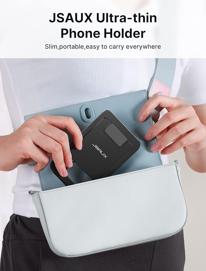 JSAUX Cell Phone Stand, Foldable Aluminum Adjustable Phone Holder for Desk Portable Travel Holder Office Desk Accessories Compatible with iPhone 15 14 13 12 11 Pro Max X Samsung S24 S23 Steam Black