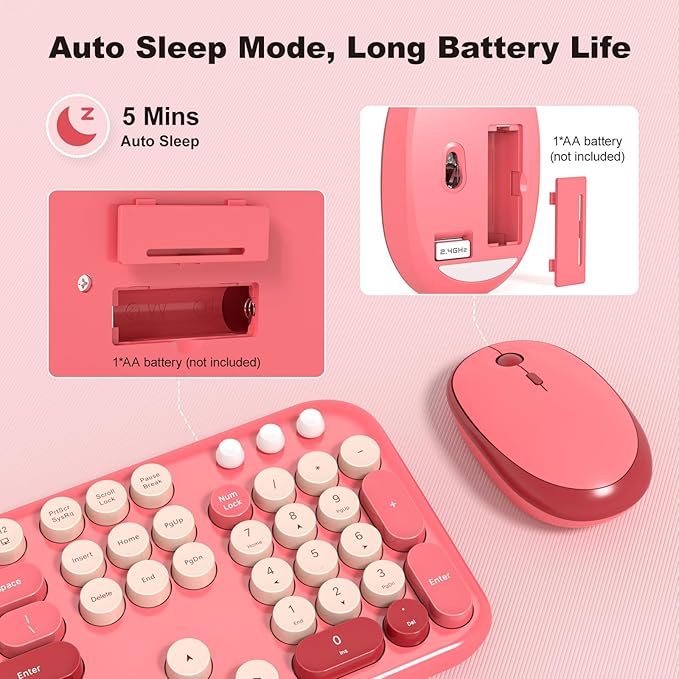 KNOWSQT Wireless Keyboard and Mouse Combo - Lovely Red Rainbow Full-Sized Typewriter Colorful Keyboards, Round Keycap USB Plug Play Retro Cute Keyboards for Windows, Laptop, PC, Desktop, Computer