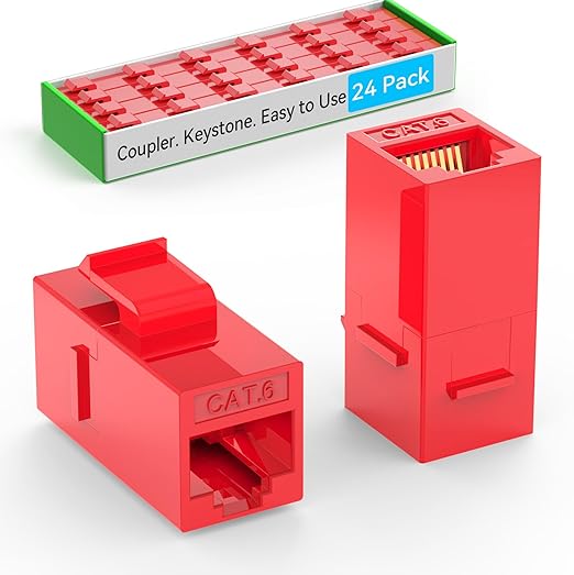CAT6 RJ45 Keystone Coupler (24 Pack), Cat6 Keystone Jack Female to Female, Cat 6 Inline Keystone Jacks for Wall Plate & Patch Panel, RJ45 Ethernet Coupler Red