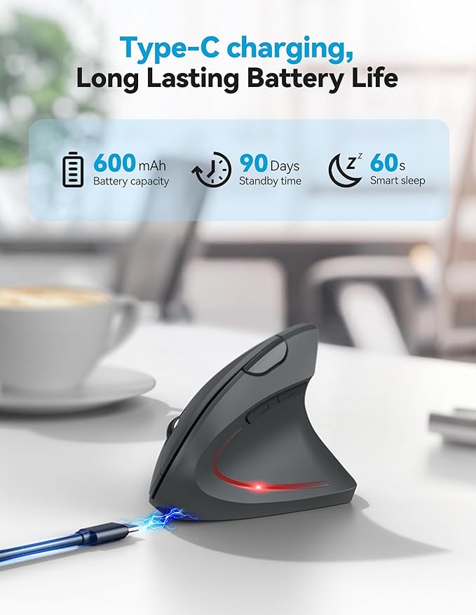 TECKNET Ergonomic Mouse, Rechargeable 2.4G+Bluetooth Vertical Mice 6 DPI Adjustable, Wireless Optical Carpal Tunnel Mouse for Right Hand, Silent 6 Buttons for Laptop, PC, MacBook, iPad - Grey