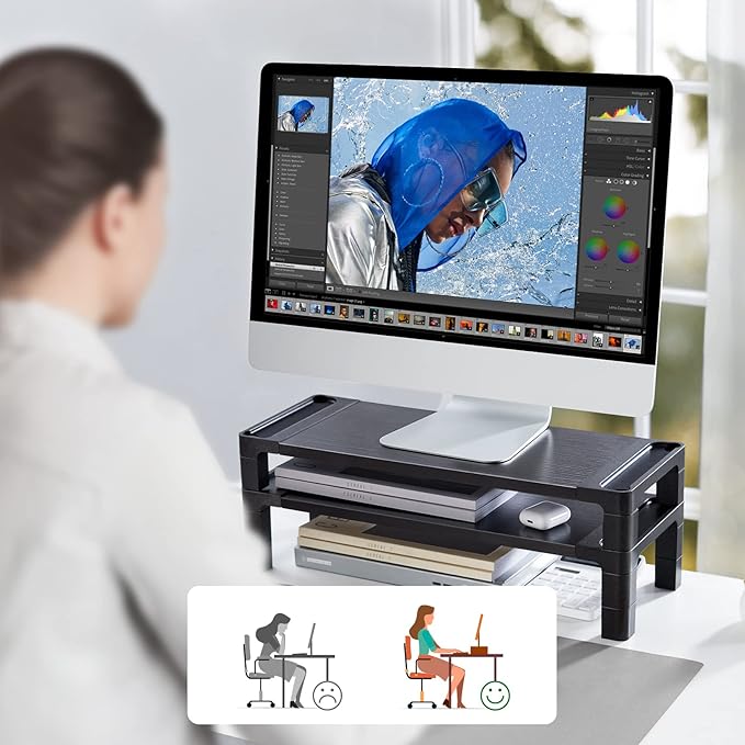 HUANUO Monitor Stand Computer Riser, Monitor Stand for Desk with Adjustable Height and 2 Platforms, Ergonomic Computer Riser, Monitor Riser for Laptops and Monitors, HNMS04
