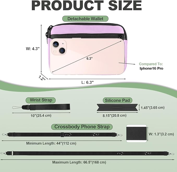Clip and Go Strap for Phone with Wallet Crossbody, Adjustable Phone Lanyard with Detachable RFID Wristlet Wallet & Ultra-Thin 360° Rotatable Metal Tabs for All Smartphones (Purple)