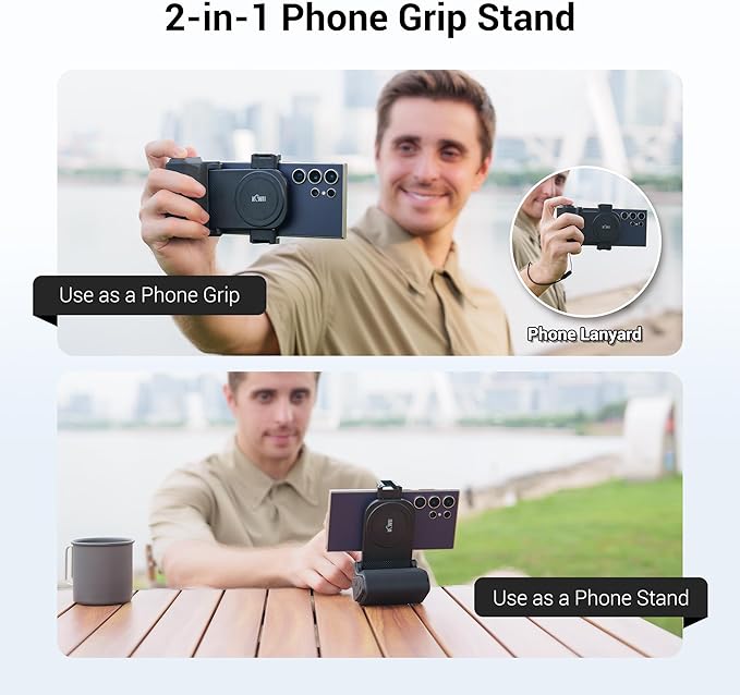 KIWIFOTOS Travel Phone Camera Grip Smartphones Tripod Handle with Remote Control & Cold Shoe Mount for iPhone 16 15 14 Pro Max Samsung S24 S25 Selfie Vlog Video Shooting