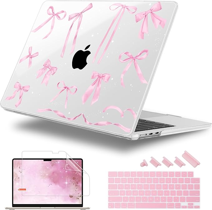 Case for MacBook Air 15 Inch 2025 2024 2023 Release M4 A3241 M3 A3114 M2 A2941, Hard Shell with Screen Protector & Keyboard Cover, Compatible with Touch ID, Bowknot