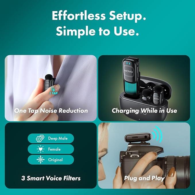 Movo NanoMic Wireless Lavalier Microphone for Camera – Clip-On TRS Wireless Mic System for DSLR, Camcorders, and Mirrorless Cameras – Dual Microphones with Charging Case for Video, Interviews