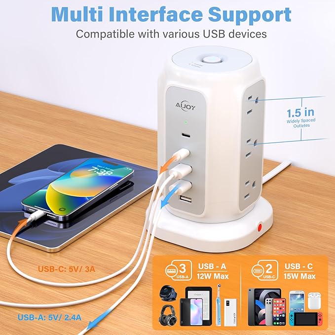 AiJoy Flat Plug Power Strip Tower with 9 Outlets and 5 USB Ports (2 USB-C), 1200J Surge Protection, 1625W Extension Cord with Multiple Outlets Charging Station for Home Dorm Office Supplies
