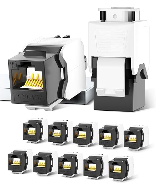 AMPCOM CAT6 RJ45 Keystone Jack - Reusable UTP Ethernet Wall Jack with Adjustable Ratchet Lock Design, No Tool and Zip Tie Required - 50u Gold Plated - Black (12-Pack)