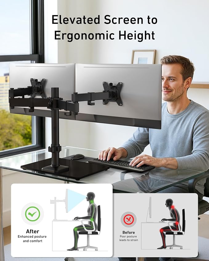HUANUO Freestanding Dual Monitor Stand, 32 Inch Dual Monitor Mount for 2 Screens, Holds up to 19.8 lbs per Arm, Monitor Arm Riser with Tempered-Glass Base, Tilt, Swivel, Rotation, Black