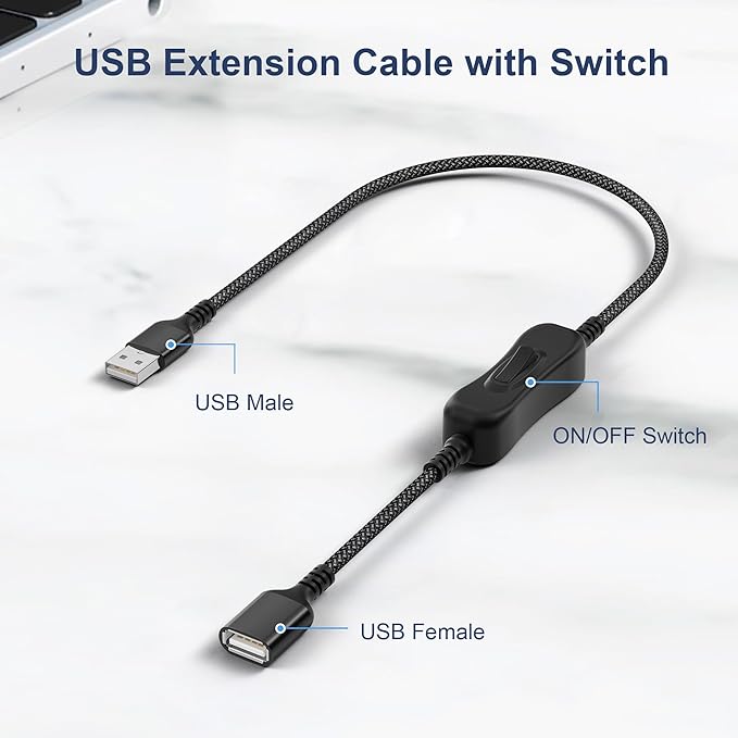Itramax USB On Off Switch Cable for Carplay 1FT,Inline USB Power Switch USBA Male to Female Extension Cord with Switch Upgraded Toggle Cable for PC,TV,Car,LED Strip,Desk Lamp,Fan,Light