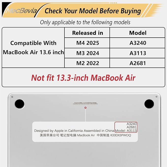 Compatible with MacBook Air 13.6 inch Case, M4 A3240/M3 A3113/M2 A2681 (Released 2025 to 2022), Hard Shell, Keyboard Cover, Screen Protector, Webcam Cover & Type-C Adapter, Butterfly