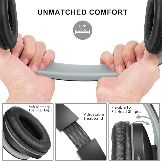 ZIHNIC Bluetooth Headphones Over-Ear, Foldable Wireless and Wired Stereo Headset Micro SD/TF, FM for Cell Phone,PC,Soft Earmuffs &Light Weight for Prolonged Wearing(Black/Gray)