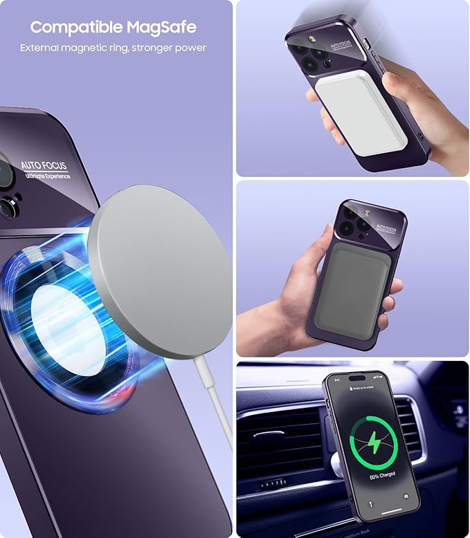 Magnetic for iPhone 14 Pro Max Case, Compatible with MagSafe, Built-in Camera Lens Protector, Logo View, Military Grade Drop Proof Phone Case Cover, Purple