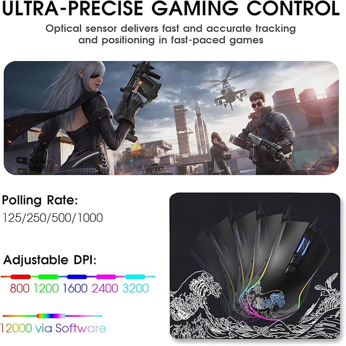 HITIME XVX Wired Gaming Mouse, 12000 DPI RGB Mouse with 12 Backlit Modes & 7 Macro Buttons, Gaming Mice Support DIY Keybinding, Gamer Computer Mice for Laptop PC Mac Windows, Wave