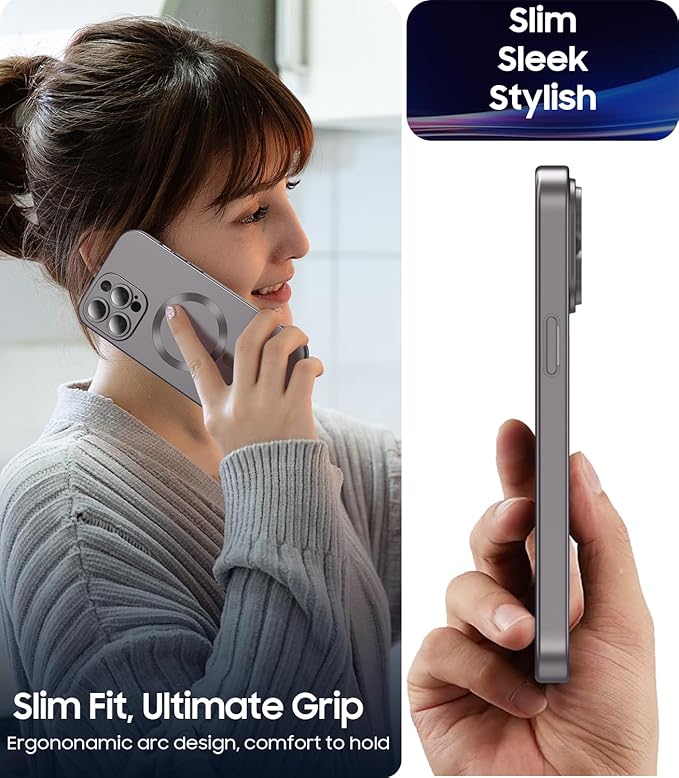 Magnetic for iPhone 15 Pro Case [Compatible with MagSafe][Built-in Camera Lens Protector] Slim Soft Silicone Bumper Shockproof Metallic Shine Phone Case (Gray)