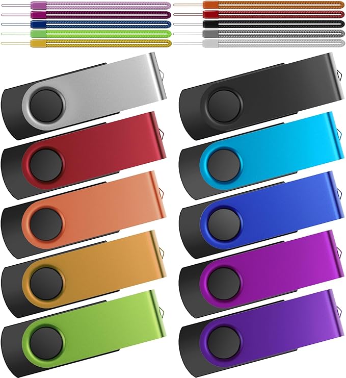 Kepmem USB Flash Drive 64GB 10 Pack USB 3.0 Thumb Drives Value 64 GB Memory Sticks Mixed Colors Pendrive Portable 64 Giga Jump Drive Bulk Swivel 10 Pieces Zip Drives for Data Storage and Backup