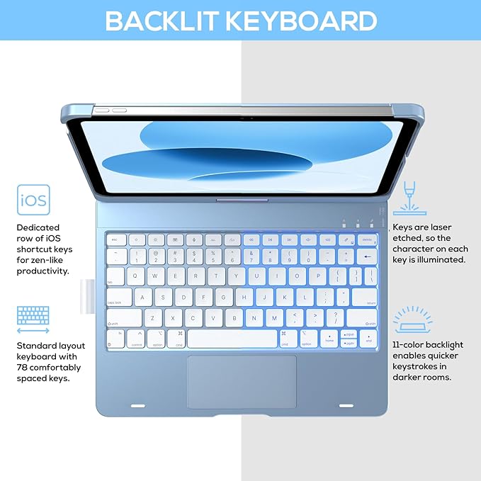 typecase Touch iPad 10th Generation Case with Keyboard (10.9", 2022) and iPad A16 (11th Gen, 2025) – 360° Rotatable, 11-Color Backlit, Multi-Touch Trackpad, Thin & Light (Sky Blue)