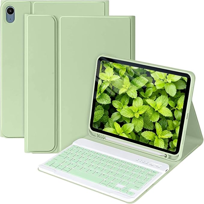 MMK iPad A16 Case (2025, 11"), iPad 10th Generation Case with Keyboard (2022, 10.9"), Wireless Detachable Keyboard, Pencil Holder (Green)
