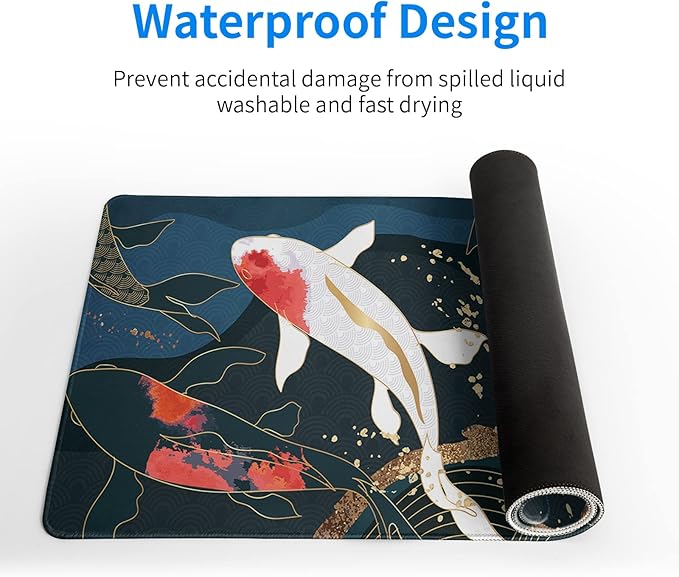 Fish Art Mouse Pad 31.5x11.8 Inch Japanese Gaming Full Desk Mousepad Extended Large Non-Slip Rubber Base Waterproof Big Keyboard Mat with Stitched Edges for Home Gaming and Office